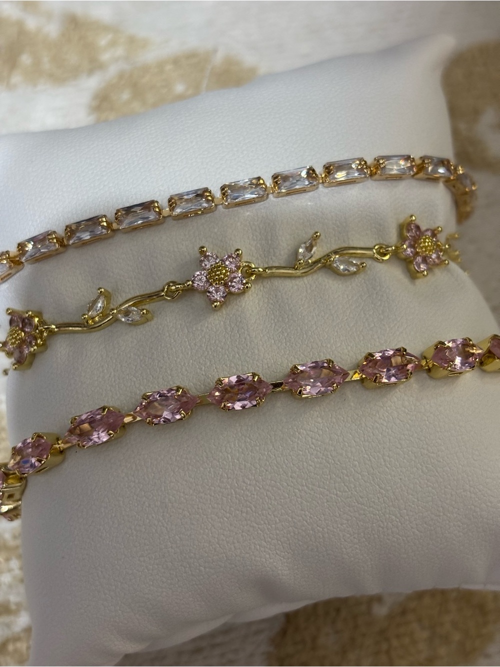 Gold Floral Pink Crystal Bracelet Set - Women Jewelry